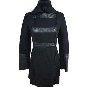 Elaine Kim Pure Wool Coat with Leather‎ Accents Size 4 Black